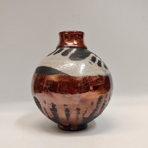 Click to view detail for #221190 Raku Vase Black/White/Copper 6.5x5 $22